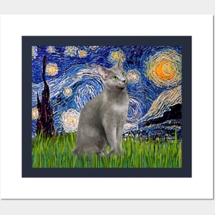 Starry Night with a Russian Blue Cat Posters and Art